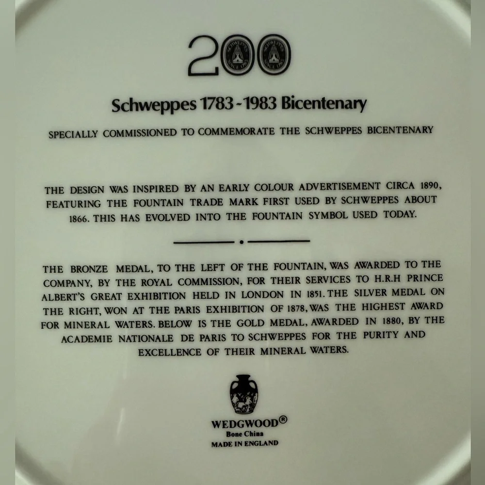 Wedgwood Schweppes 1773-1983 Bicentennial Commemorative Plate